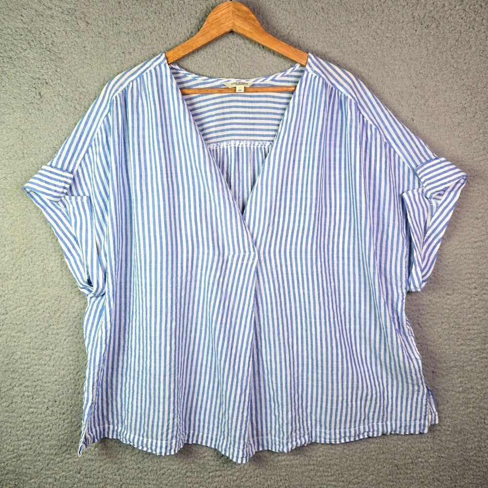 Max Studio Blouse Blue White Stripe 2X Flutter Sleeve Split Neck Coastal